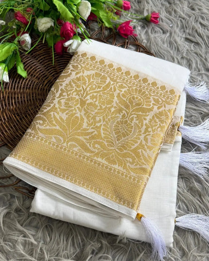 Onam Special Kerala Cotton Saree | Lightweight Festive White Drape - Rosepetals Luxe