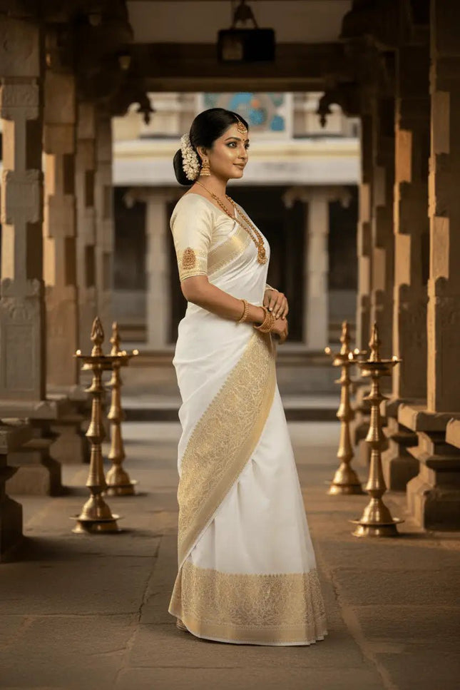 Onam Special Kerala Cotton Saree | Lightweight Festive White Drape - Rosepetals Luxe