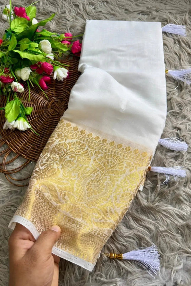 Onam Special Kerala Cotton Saree | Lightweight Festive White Drape - Rosepetals Luxe