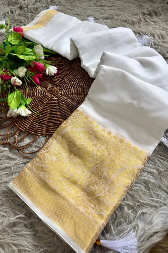 Onam Special Kerala Cotton Saree | Lightweight Festive White Drape - Rosepetals Luxe