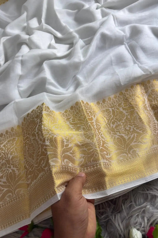 Onam Special Kerala Cotton Saree | Lightweight Festive White Drape - Rosepetals Luxe