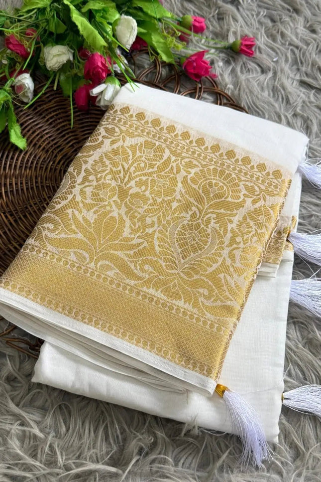 Onam Special Kerala Cotton Saree | Lightweight Festive White Drape - Rosepetals Luxe