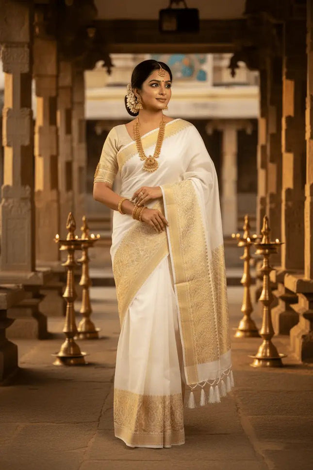 Onam Special Kerala Cotton Saree | Lightweight Festive White Drape - Rosepetals Luxe