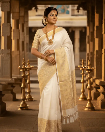 Onam Special Kerala Cotton Saree | Lightweight Festive White Drape - Rosepetals Luxe