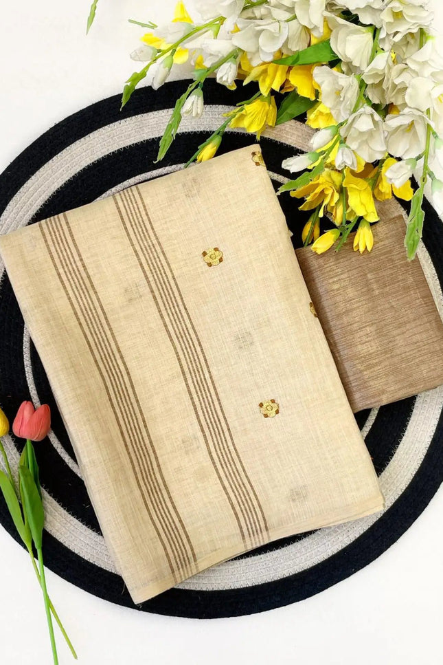 Onam Special Linen Silk Saree | Embroidery & Latkan Work | Contrast Blouse | 7 Colours - Rosepetals Luxe