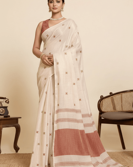 Onam Special Linen Silk Saree | Embroidery & Latkan Work | Contrast Blouse | 7 Colours - Rosepetals Luxe