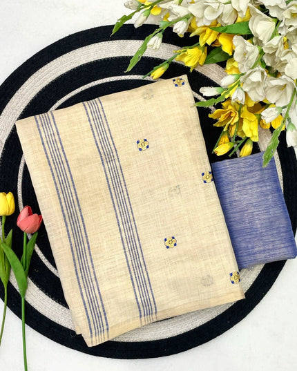 Onam Special Linen Silk Saree | Embroidery & Latkan Work | Contrast Blouse | 7 Colours - Rosepetals Luxe