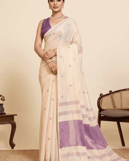 Onam Special Linen Silk Saree | Embroidery & Latkan Work | Contrast Blouse | 7 Colours - Rosepetals Luxe