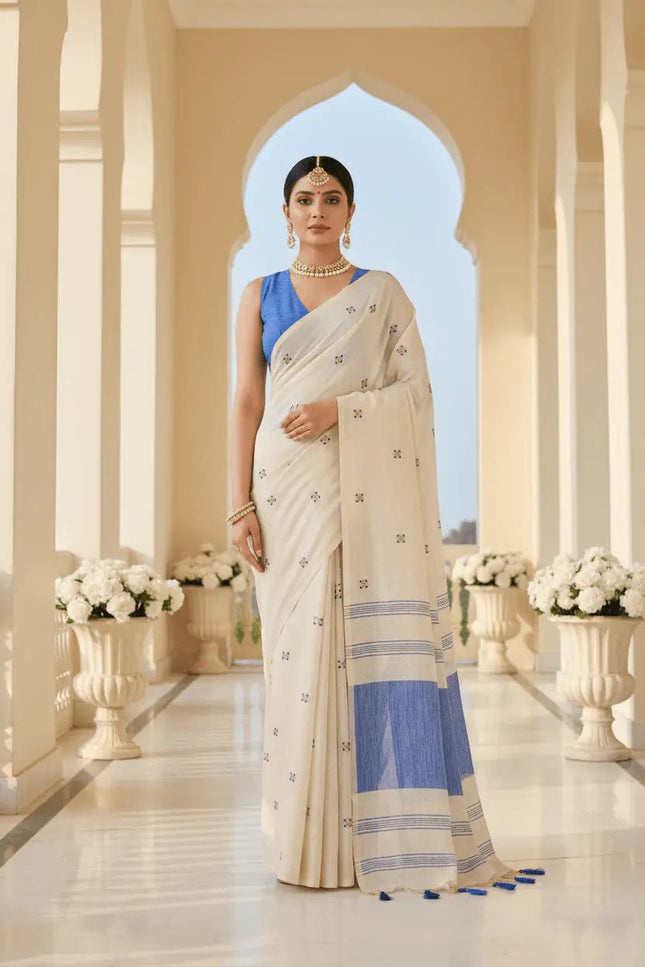 Onam Special Linen Silk Saree | Embroidery & Latkan Work | Contrast Blouse | 7 Colours - Rosepetals Luxe