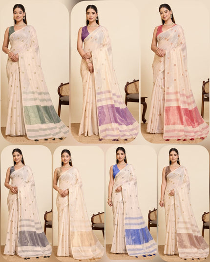 Onam Special Linen Silk Saree | Embroidery & Latkan Work | Contrast Blouse | 7 Colours - Rosepetals Luxe