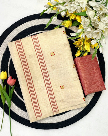 Onam Special Linen Silk Saree | Embroidery & Latkan Work | Contrast Blouse | 7 Colours - Rosepetals Luxe