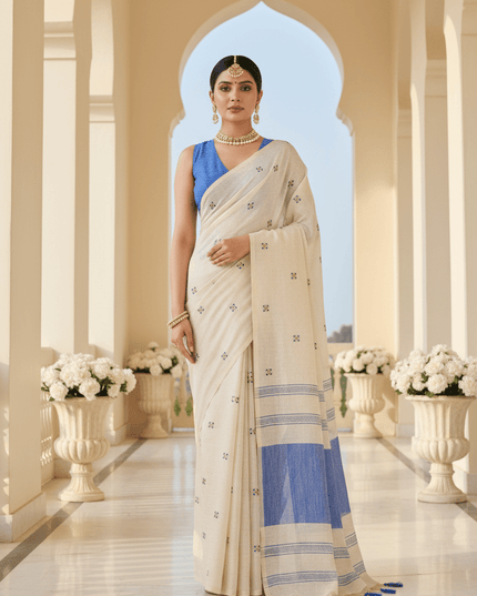 Onam Special Linen Silk Saree | Embroidery & Latkan Work | Contrast Blouse | 7 Colours - Rosepetals Luxe