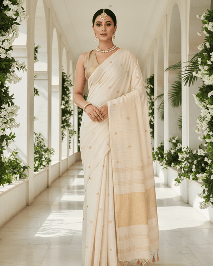 Onam Special Linen Silk Saree | Embroidery & Latkan Work | Contrast Blouse | 7 Colours - Rosepetals Luxe