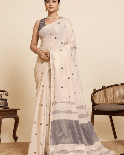 Onam Special Linen Silk Saree | Embroidery & Latkan Work | Contrast Blouse | 7 Colours - Rosepetals Luxe