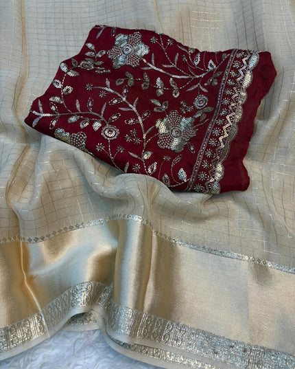 Onam Special Pure Viscose Georgette Saree | Off White with Maroon Designer Blouse - Rosepetals Luxe
