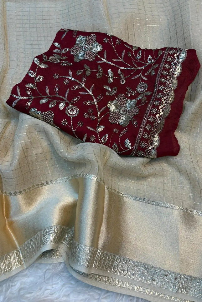 Onam Special Pure Viscose Georgette Saree | Off White with Maroon Designer Blouse - Rosepetals Luxe