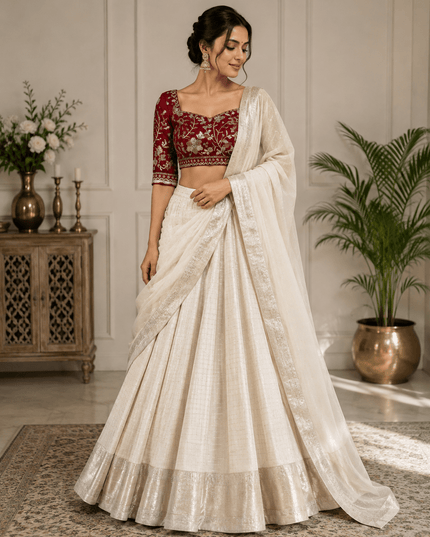 Onam Special Pure Viscose Georgette Saree | Off White with Maroon Designer Blouse - Rosepetals Luxe