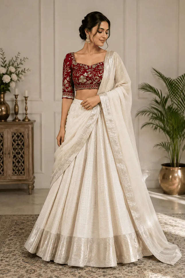 Onam Special Pure Viscose Georgette Saree | Off White with Maroon Designer Blouse - Rosepetals Luxe