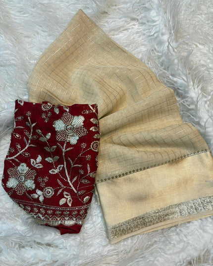Onam Special Pure Viscose Georgette Saree | Off White with Maroon Designer Blouse - Rosepetals Luxe