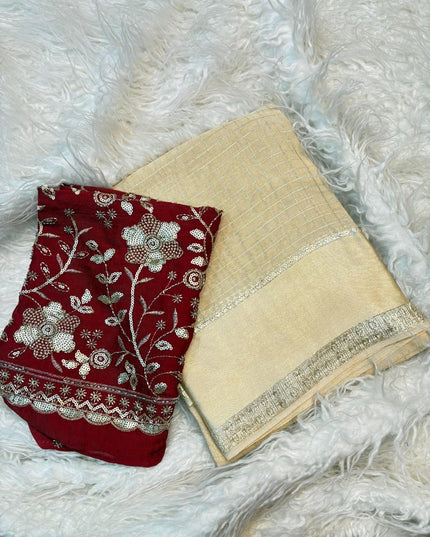Onam Special Pure Viscose Georgette Saree | Off White with Maroon Designer Blouse - Rosepetals Luxe