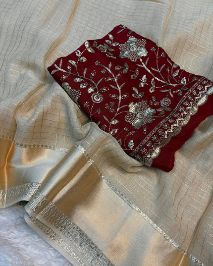 Onam Special Pure Viscose Georgette Saree | Off White with Maroon Designer Blouse - Rosepetals Luxe