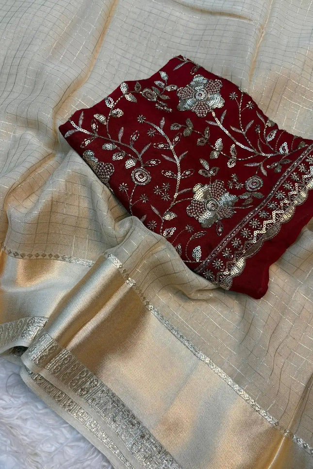 Onam Special Pure Viscose Georgette Saree | Off White with Maroon Designer Blouse - Rosepetals Luxe
