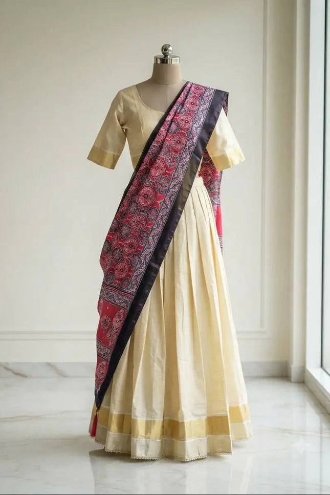 Onam Special Tissue Silk Gold Zari Half Saree Lehenga Choli with Ajrakh Print Dupatta | South Indian Style - Rosepetals Luxe