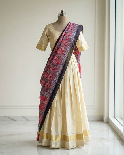Onam Special Tissue Silk Gold Zari Half Saree Lehenga Choli with Ajrakh Print Dupatta | South Indian Style - Rosepetals Luxe