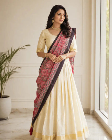 Onam Special Tissue Silk Gold Zari Half Saree Lehenga Choli with Ajrakh Print Dupatta | South Indian Style - Rosepetals Luxe