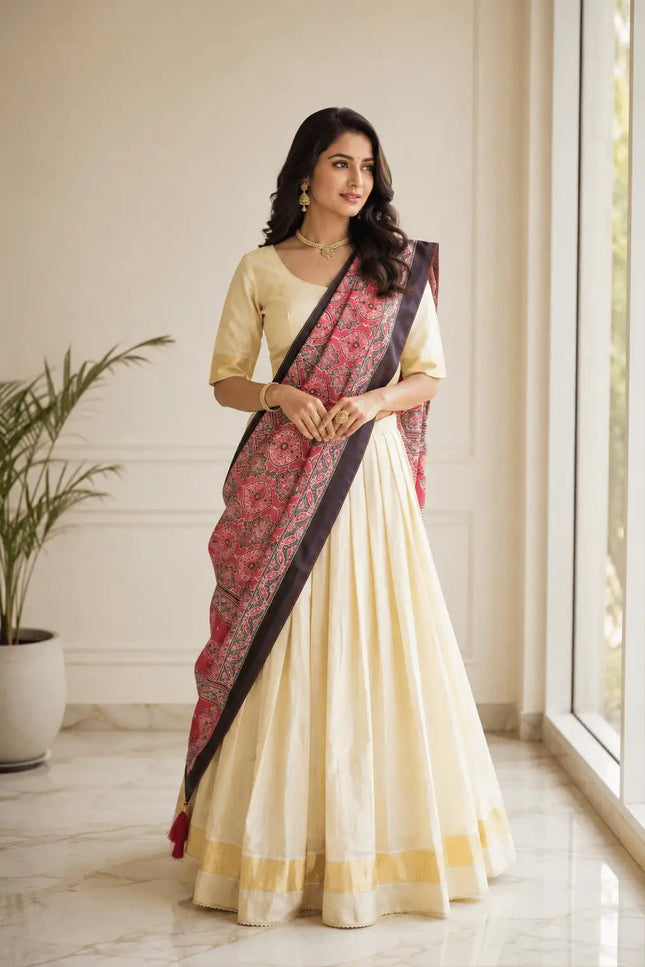 Onam Special Tissue Silk Gold Zari Half Saree Lehenga Choli with Ajrakh Print Dupatta | South Indian Style - Rosepetals Luxe