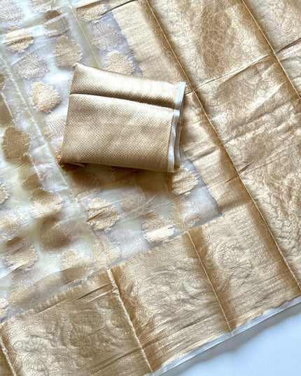 Onam Special Tussar Silk Saree | Pure Zari Weaving | Cut Dana Pallu & Pom Pom Latkan - Rosepetals Luxe