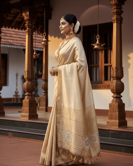Onam Special Tussar Silk Saree | Pure Zari Weaving | Cut Dana Pallu & Pom Pom Latkan - Rosepetals Luxe