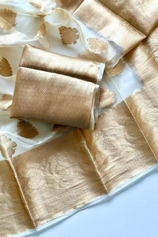 Onam Special Tussar Silk Saree | Pure Zari Weaving | Cut Dana Pallu & Pom Pom Latkan - Rosepetals Luxe