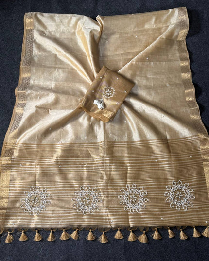 Onam Special Tussar Silk Saree | Pure Zari Weaving | Cut Dana Pallu & Pom Pom Latkan - Rosepetals Luxe