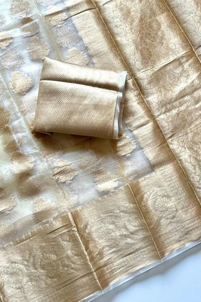 Onam Special Tussar Silk Saree | Pure Zari Weaving | Cut Dana Pallu & Pom Pom Latkan - Rosepetals Luxe