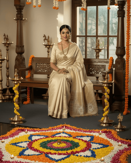 Onam Special Tussar Silk Saree | Pure Zari Weaving | Cut Dana Pallu & Pom Pom Latkan - Rosepetals Luxe
