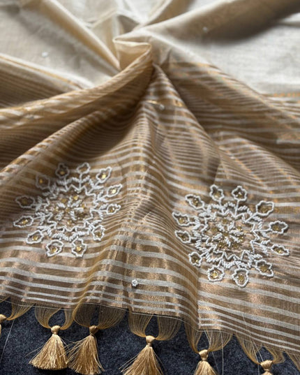 Onam Special Tussar Silk Saree | Pure Zari Weaving | Cut Dana Pallu & Pom Pom Latkan - Rosepetals Luxe