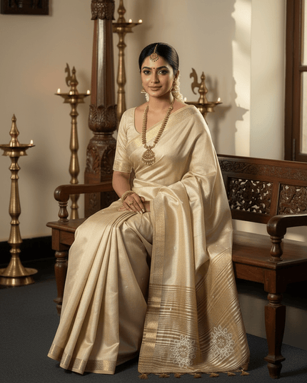 Onam Special Tussar Silk Saree | Pure Zari Weaving | Cut Dana Pallu & Pom Pom Latkan - Rosepetals Luxe