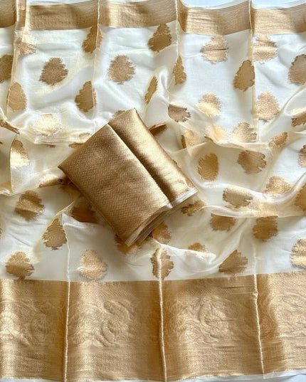 Onam Special Tussar Silk Saree | Pure Zari Weaving | Cut Dana Pallu & Pom Pom Latkan - Rosepetals Luxe