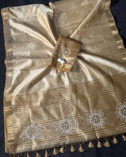 Onam Special Tussar Silk Saree | Pure Zari Weaving | Cut Dana Pallu & Pom Pom Latkan - Rosepetals Luxe