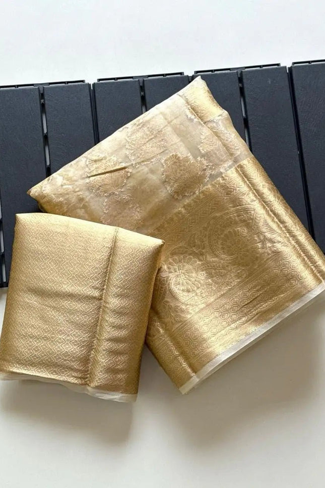 Onam Special Tussar Silk Saree | Pure Zari Weaving | Cut Dana Pallu & Pom Pom Latkan - Rosepetals Luxe