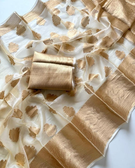 Onam Special Tussar Silk Saree | Pure Zari Weaving | Cut Dana Pallu & Pom Pom Latkan - Rosepetals Luxe