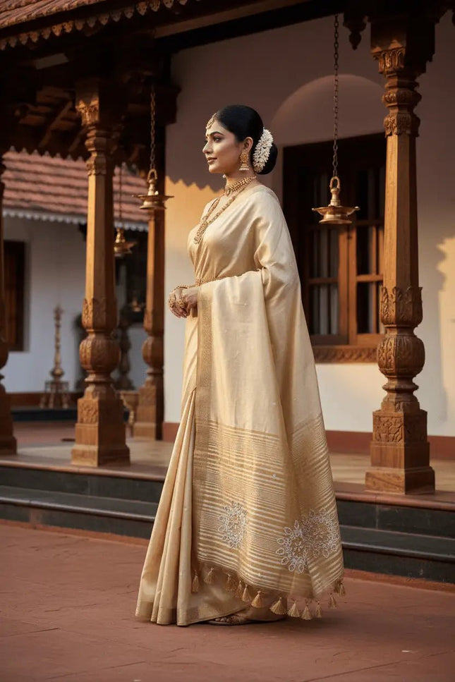 Onam Special Tussar Silk Saree | Pure Zari Weaving | Cut Dana Pallu & Pom Pom Latkan - Rosepetals Luxe
