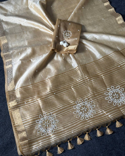 Onam Special Tussar Silk Saree | Pure Zari Weaving | Cut Dana Pallu & Pom Pom Latkan - Rosepetals Luxe