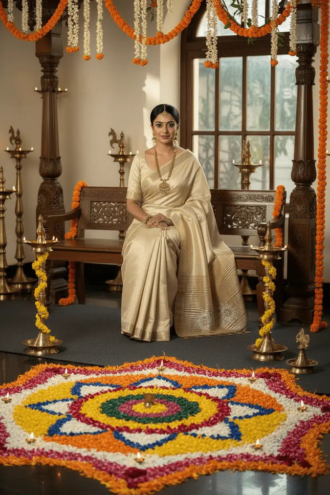 Onam Special Tussar Silk Saree | Pure Zari Weaving | Cut Dana Pallu & Pom Pom Latkan - Rosepetals Luxe