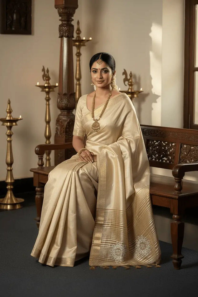 Onam Special Tussar Silk Saree | Pure Zari Weaving | Cut Dana Pallu & Pom Pom Latkan - Rosepetals Luxe