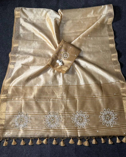 Onam Special Tussar Silk Saree | Pure Zari Weaving | Cut Dana Pallu & Pom Pom Latkan - Rosepetals Luxe