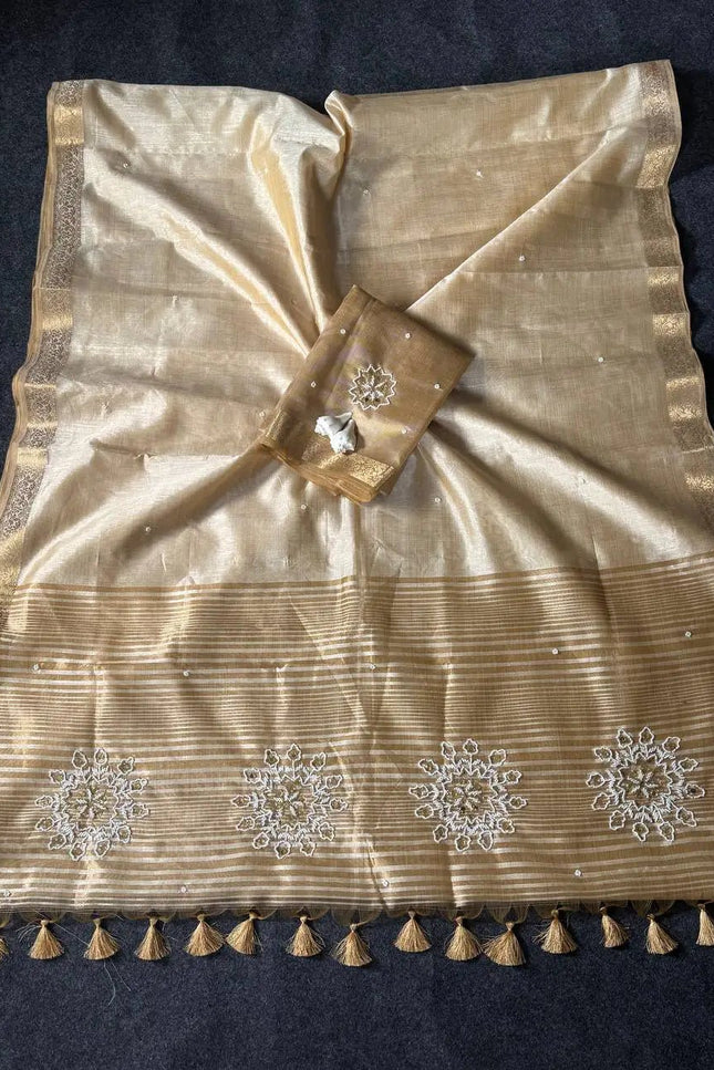 Onam Special Tussar Silk Saree | Pure Zari Weaving | Cut Dana Pallu & Pom Pom Latkan - Rosepetals Luxe