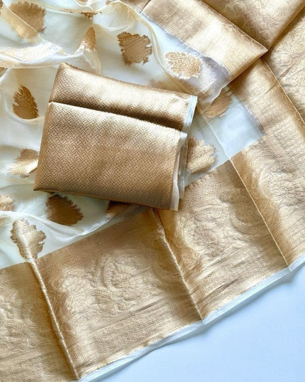 Onam Special Tussar Silk Saree | Pure Zari Weaving | Cut Dana Pallu & Pom Pom Latkan - Rosepetals Luxe