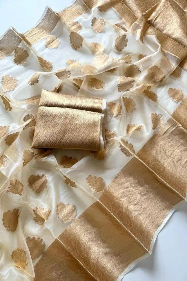 Onam Special Tussar Silk Saree | Pure Zari Weaving | Cut Dana Pallu & Pom Pom Latkan - Rosepetals Luxe